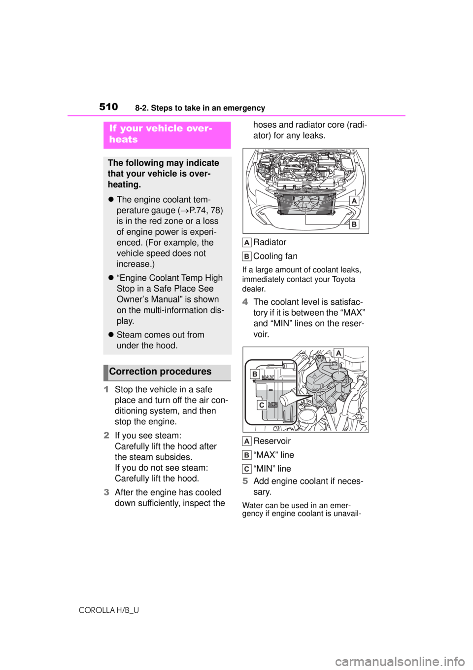 TOYOTA COROLLA HATCHBACK 2021 (in English) User Guide 5108-2. Steps to take in an emergency
COROLLA H/B_U
1Stop the vehicle in a safe
place and turn off the air con-
ditioning system, and then
stop the engine.
2 If you see steam:
Carefully lift the hoo TOYOTA COROLLA HATCHBACK 2021 (in English) User Guide 5108-2. Steps to take in an emergency
COROLLA H/B_U
1Stop the vehicle in a safe
place and turn off the air con-
ditioning system, and then
stop the engine.
2 If you see steam:
Carefully lift the hoo