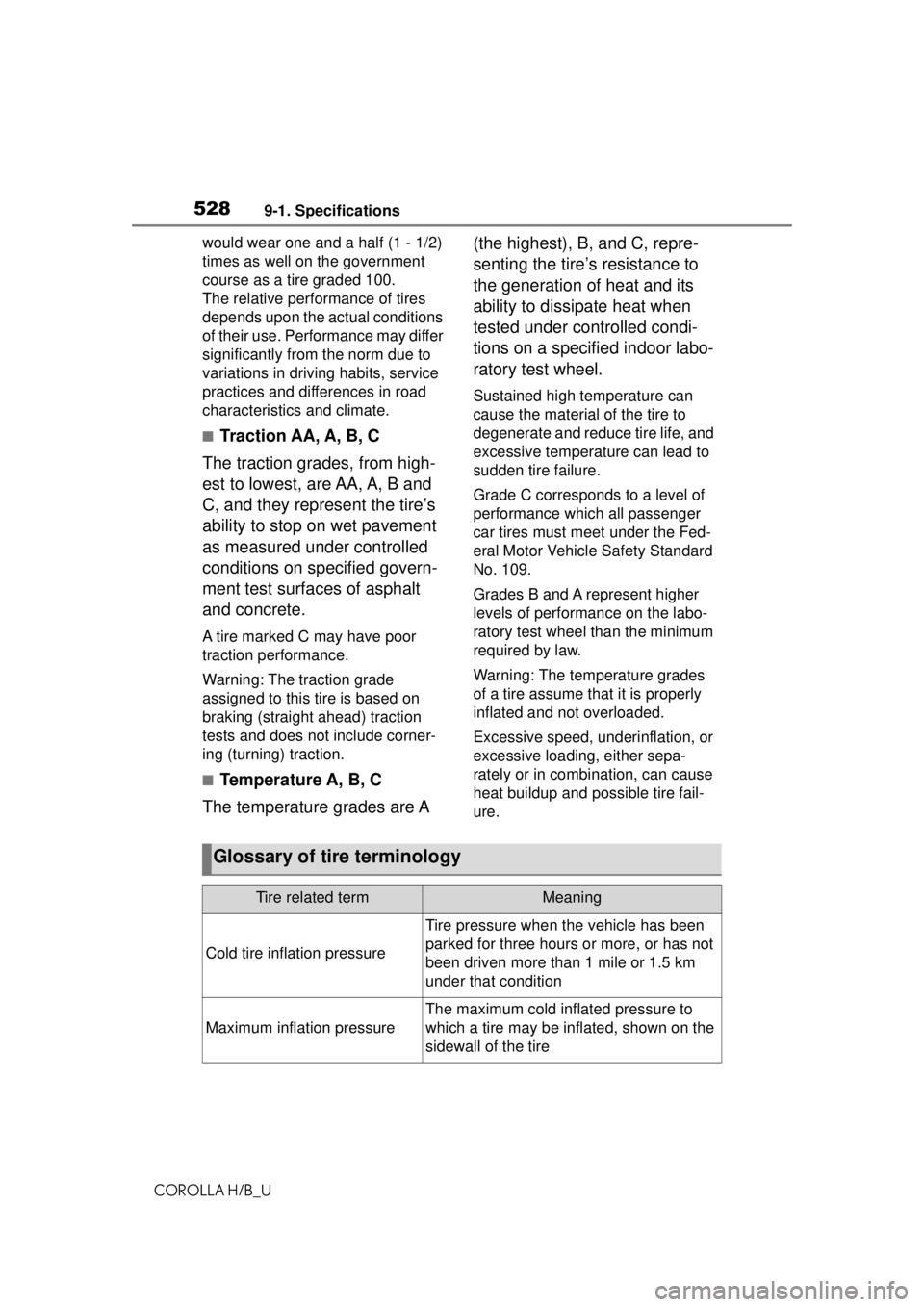TOYOTA COROLLA HATCHBACK 2021  Owners Manual (in English) 5289-1. Specifications
COROLLA H/B_Uwould wear one and a half (1 - 1/2) 
times as well on the government 
course as a tire graded 100.
The relative performance of tires 
depends upon the actual condit