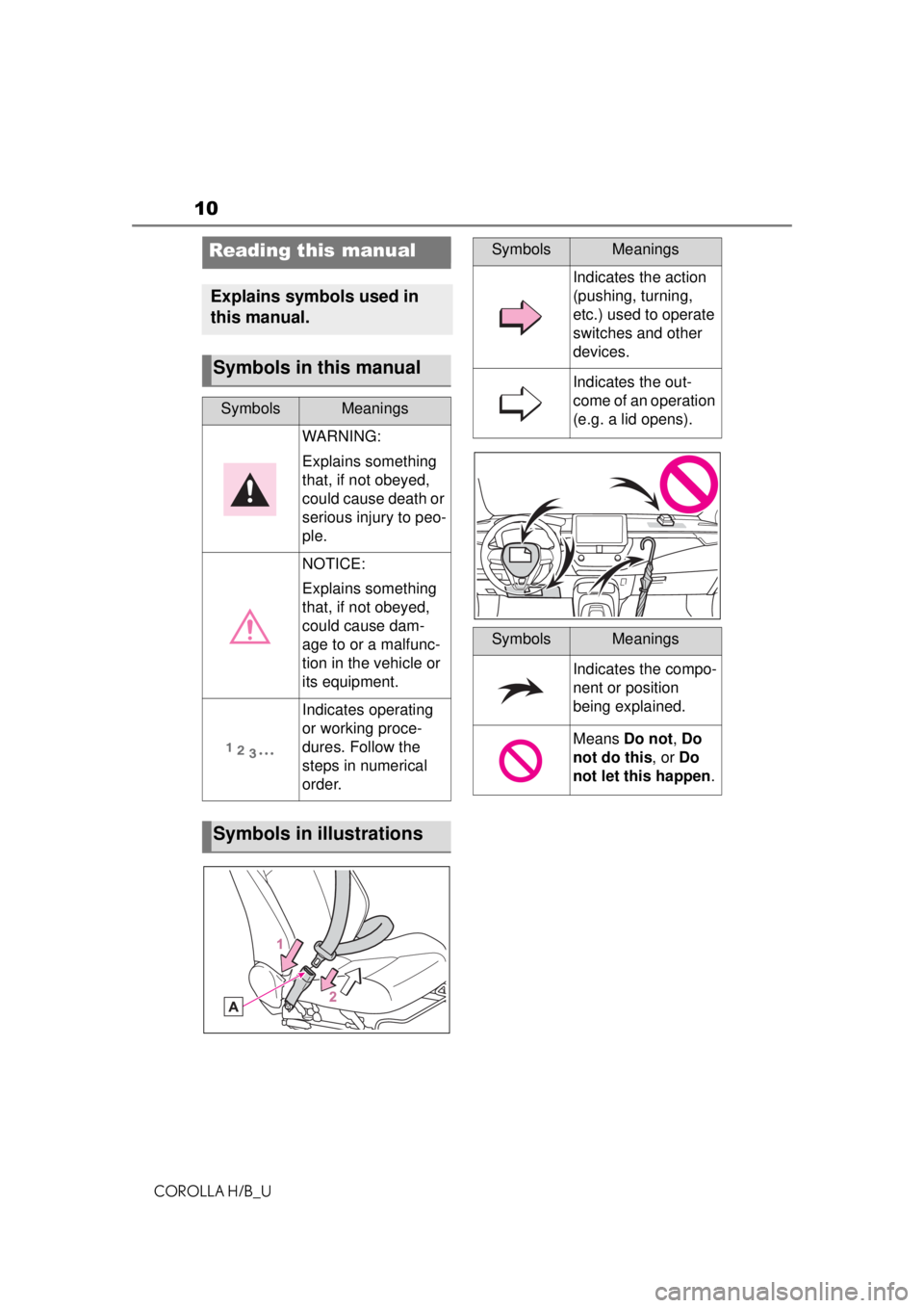 TOYOTA COROLLA HATCHBACK 2021 Owners Manual (in English) 10
COROLLA H/B_U
Reading this manual
Explains symbols used in
this manual.
Symbols in this manual
SymbolsMeanings
WARNING:
Explains something
that, if not obeyed,
could cause death or
serious inju TOYOTA COROLLA HATCHBACK 2021 Owners Manual (in English) 10
COROLLA H/B_U
Reading this manual
Explains symbols used in
this manual.
Symbols in this manual
SymbolsMeanings
WARNING:
Explains something
that, if not obeyed,
could cause death or
serious inju