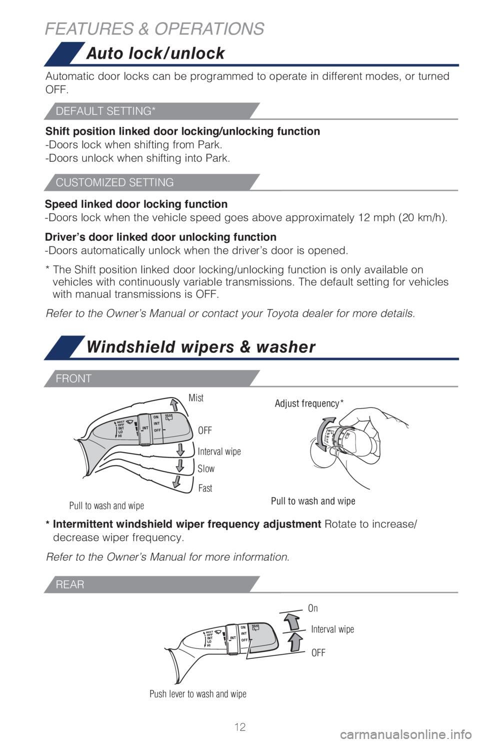 TOYOTA COROLLA HATCHBACK 2021 Owners Manual (in English) 12
FEATURES & OPERATIONS
REAR
FRONT
DEFAULT SETTING*
CUSTOMIZED SETTING
Windshield wipers & washer
Interval wipe
Slow
Fast
Pull to wash and wipe
Push lever to wash and wipeMist
OFF
On
Interval wipe
Ad TOYOTA COROLLA HATCHBACK 2021 Owners Manual (in English) 12
FEATURES & OPERATIONS
REAR
FRONT
DEFAULT SETTING*
CUSTOMIZED SETTING
Windshield wipers & washer
Interval wipe
Slow
Fast
Pull to wash and wipe
Push lever to wash and wipeMist
OFF
On
Interval wipe
Ad