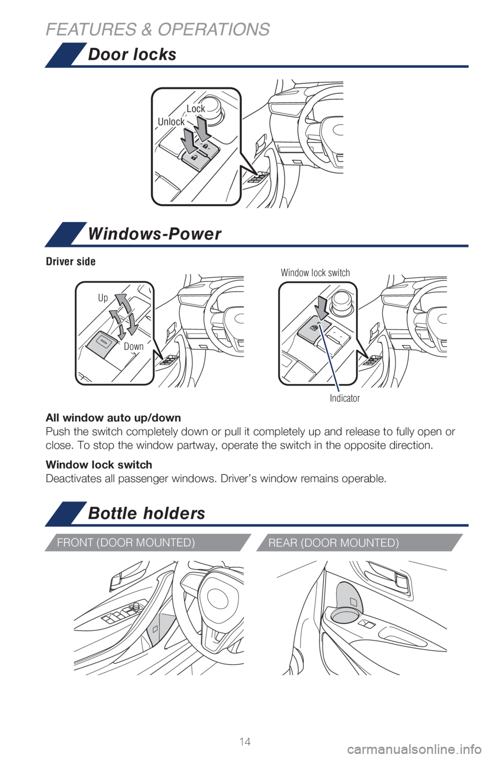 TOYOTA COROLLA HATCHBACK 2021 Owners Manual (in English) 14
Windows-Power
All window auto up/down
Push the switch completely down or pull it completely up and release to full\
y open or
close. To stop the window partway, operate the switch in the opposit TOYOTA COROLLA HATCHBACK 2021 Owners Manual (in English) 14
Windows-Power
All window auto up/down
Push the switch completely down or pull it completely up and release to full\
y open or
close. To stop the window partway, operate the switch in the opposit