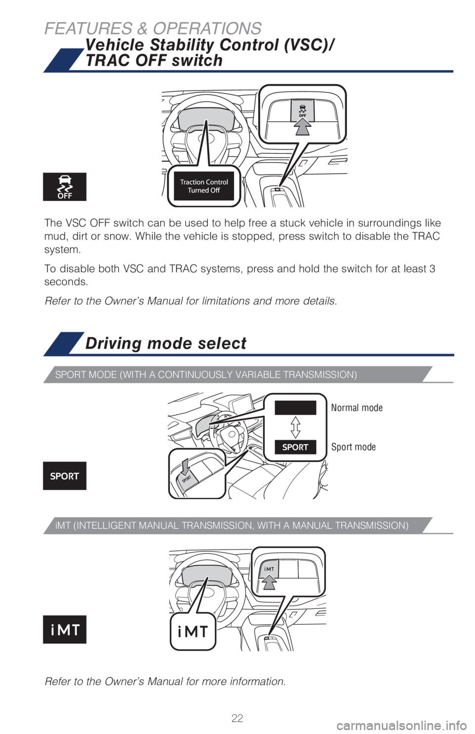 TOYOTA COROLLA HATCHBACK 2021   (in English) Owners Manual 22
FEATURES & OPERATIONSDriving mode select
iMT (INTELLIGENT MANUAL TRANSMISSION, WITH A MANUAL TRANSMISSION)
SPORT MODE (WITH A CONTINUOUSLY VARIABLE TRANSMISSION)
Refer to the Owner’s Manual for m
