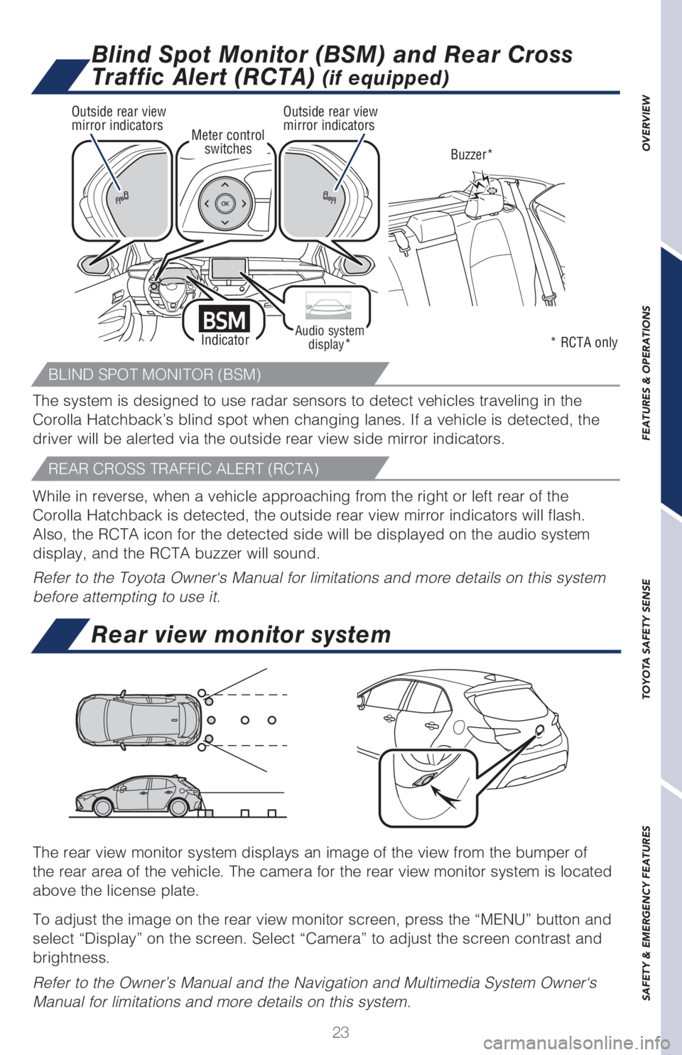 TOYOTA COROLLA HATCHBACK 2021 Owners Manual (in English) 23
OVERVIEW
FEATURES & OPERATIONS
TOYOTA SAFETY SENSE
SAFETY & EMERGENCY FEATURES
Rear view monitor system
The rear view monitor system displays an image of the view from the bumper \
of
the rear are TOYOTA COROLLA HATCHBACK 2021 Owners Manual (in English) 23
OVERVIEW
FEATURES & OPERATIONS
TOYOTA SAFETY SENSE
SAFETY & EMERGENCY FEATURES
Rear view monitor system
The rear view monitor system displays an image of the view from the bumper \
of
the rear are
