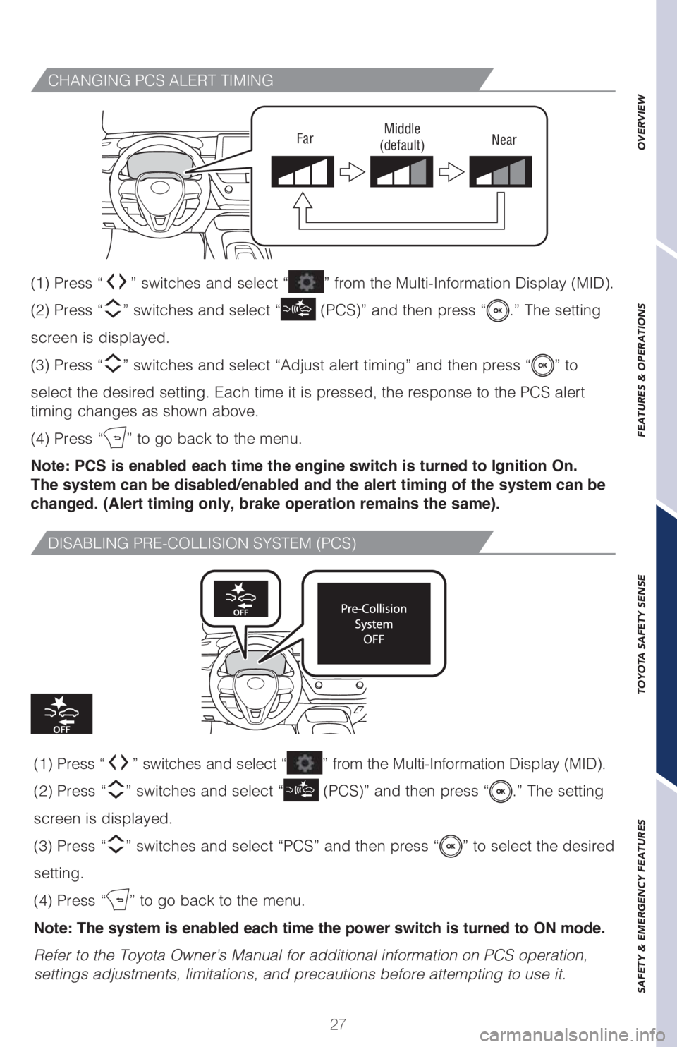 TOYOTA COROLLA HATCHBACK 2021   (in English) Owners Manual 27
OVERVIEW
FEATURES & OPERATIONS
TOYOTA SAFETY SENSE
SAFETY & EMERGENCY FEATURES
CHANGING PCS ALERT TIMING
DISABLING PRE-COLLISION SYSTEM (PCS)
Far Middle
(default) Near
(1) Press “” switches and