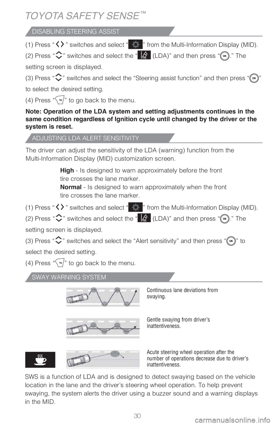TOYOTA COROLLA HATCHBACK 2021   (in English) Owners Guide 30
ADJUSTING LDA ALERT SENSITIVITY
DISABLING STEERING ASSIST
The driver can adjust the sensitivity of the LDA (warning) function from \
the
Multi-Information Display (MID) customization screen.High - 