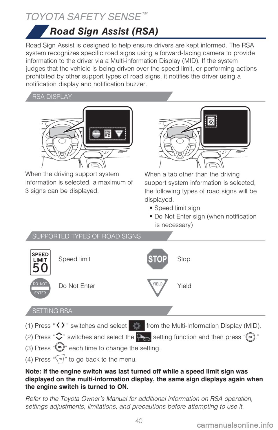 TOYOTA COROLLA HATCHBACK 2021   (in English) Service Manual 40
Road Sign Assist (RSA)
Road Sign Assist is designed to help ensure drivers are kept informed. The R\
SA 
system recognizes specific road signs using a forward-facing camera to provide\
 
informatio
