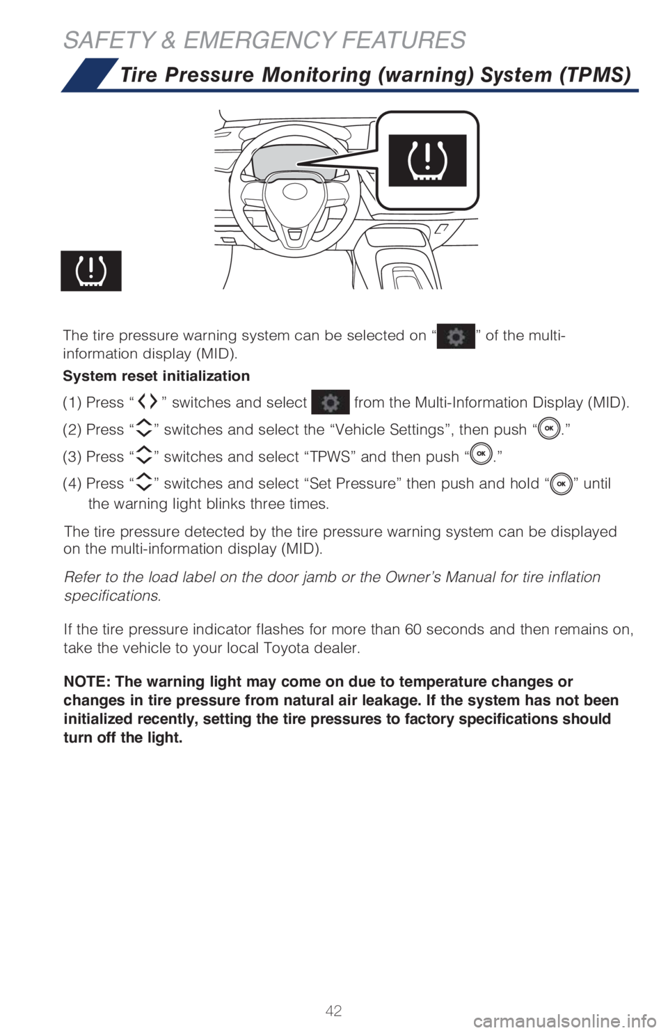 TOYOTA COROLLA HATCHBACK 2021 (in English) Owners Manual 42
SAFETY & EMERGENCY FEATURES
Tire Pressure Monitoring (warning) System (TPMS)
The tire pressure detected by the tire pressure warning system can be displ\
ayed
on the multi-information display (MID TOYOTA COROLLA HATCHBACK 2021 (in English) Owners Manual 42
SAFETY & EMERGENCY FEATURES
Tire Pressure Monitoring (warning) System (TPMS)
The tire pressure detected by the tire pressure warning system can be displ\
ayed
on the multi-information display (MID
