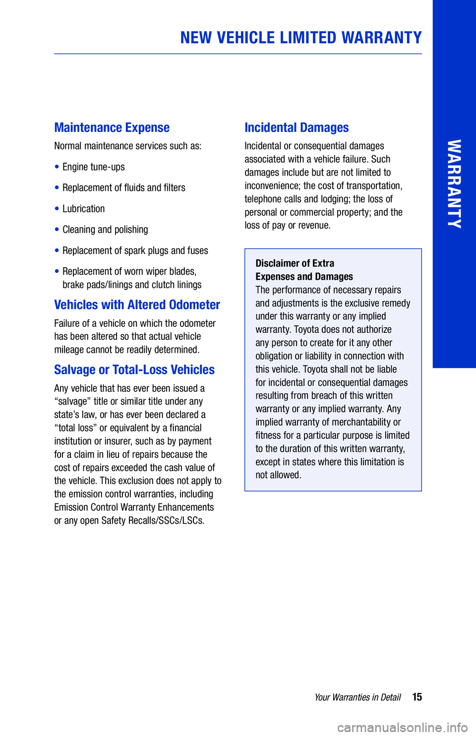 TOYOTA COROLLA HATCHBACK 2021  Warranties & Maintenance Guides (in English) 15Your Warranties in Detail
WARRANTYMaintenance Expense
Normal maintenance services such as:
• Engine tune-ups
•  Replacement of fluids and filters
•  Lubrication
•  Cleaning and polishing
•