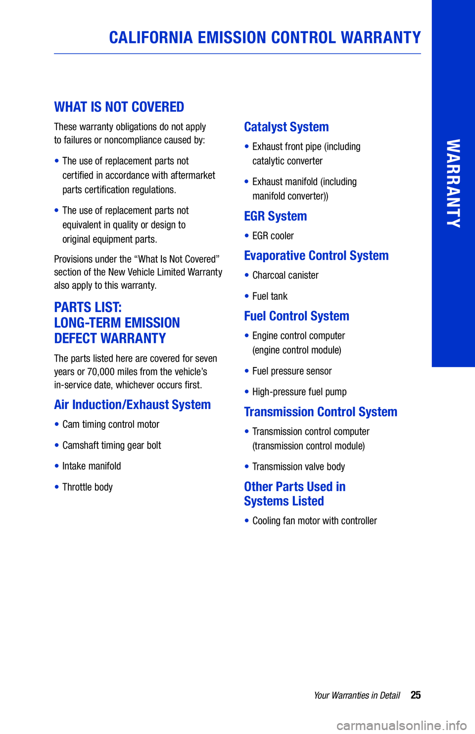TOYOTA COROLLA HATCHBACK 2021  Warranties & Maintenance Guides (in English) 25Your Warranties in Detail
WARRANTY
WHAT IS NOT COVERED 
These warranty obligations do not apply  
to failures or noncompliance caused by:
•   
The use of replacement parts not   
certified in acco