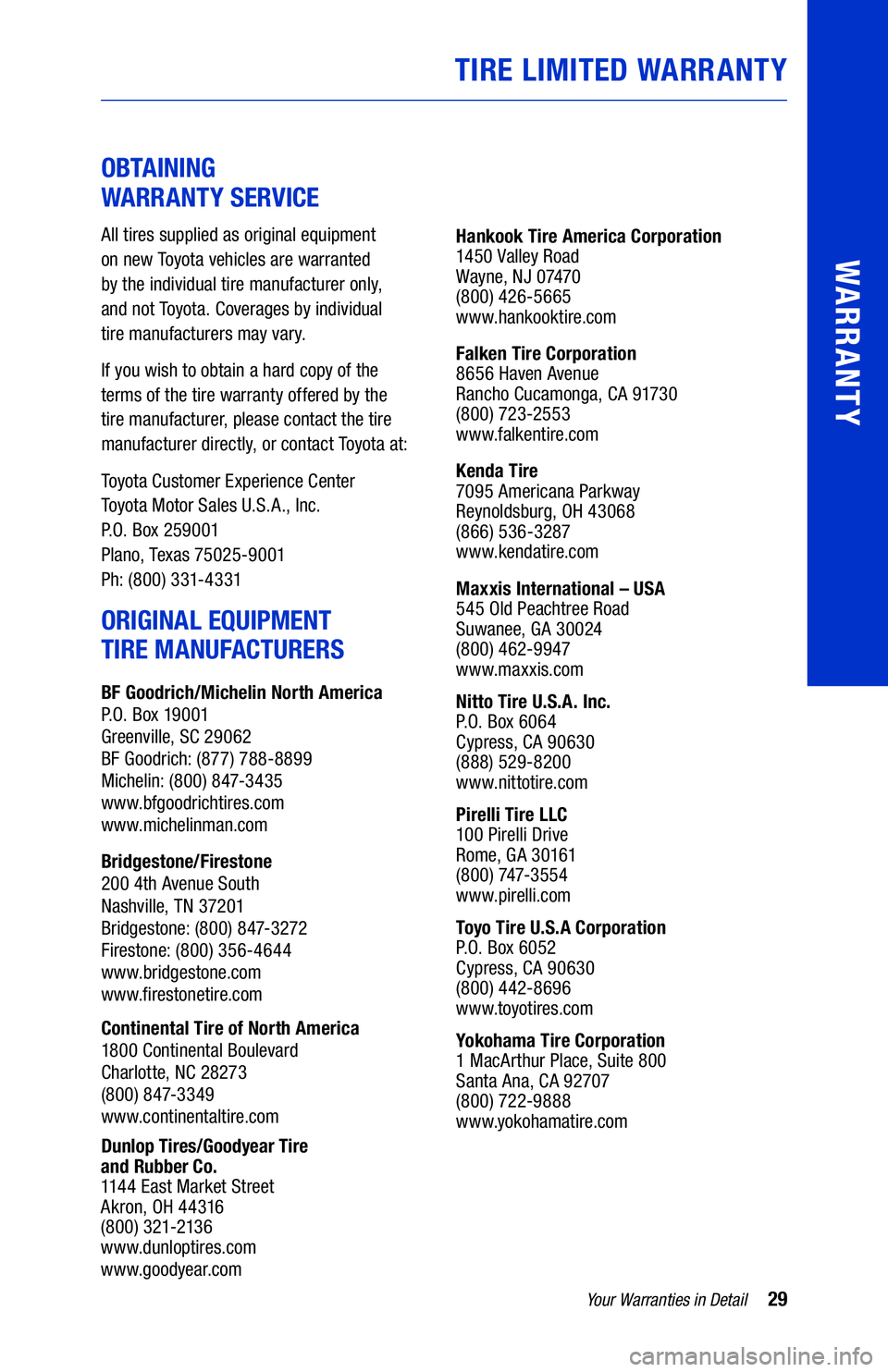 TOYOTA COROLLA HATCHBACK 2021 Warranties & Maintenance Guides (in English) 29Your Warranties in Detail
WARRANTY
OBTAINING
WARRANTY SERVICE
All tires supplied as original equipment
on new Toyota vehicles are warranted
by the individual tire manufacturer only,
and not TOYOTA COROLLA HATCHBACK 2021 Warranties & Maintenance Guides (in English) 29Your Warranties in Detail
WARRANTY
OBTAINING
WARRANTY SERVICE
All tires supplied as original equipment
on new Toyota vehicles are warranted
by the individual tire manufacturer only,
and not