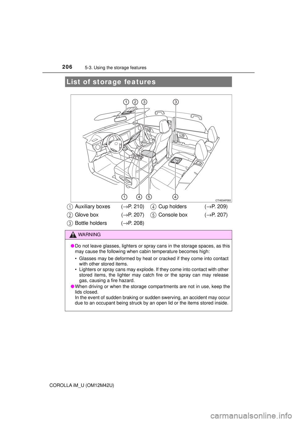 TOYOTA COROLLA iM 2018  Owners Manual (in English) 206
COROLLA iM_U (OM12M42U)
5-3. Using the storage features
List of storage features
Auxiliary boxes ( →P. 210)
Glove box  ( →P. 207)
Bottle holders ( →P. 208) Cup holders  (
→P. 209)
Console 