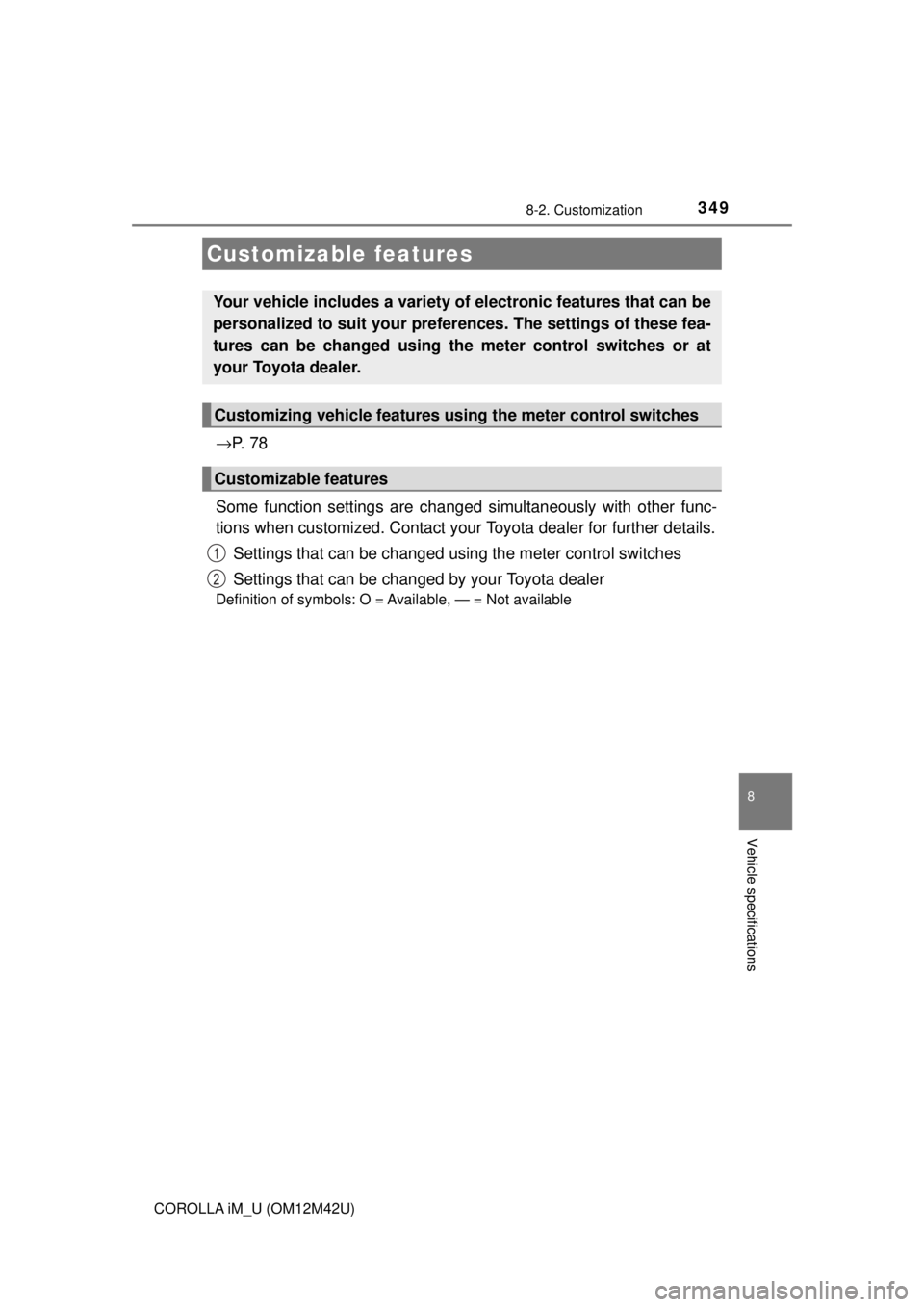 TOYOTA COROLLA iM 2018 Owners Manual (in English) 349
8
Vehicle specifications
COROLLA iM_U (OM12M42U)
8-2. Customization
→P. 7 8
Some function settings are changed simultaneously with other func-
tions when customized. Contact your Toyota deale TOYOTA COROLLA iM 2018 Owners Manual (in English) 349
8
Vehicle specifications
COROLLA iM_U (OM12M42U)
8-2. Customization
→P. 7 8
Some function settings are changed simultaneously with other func-
tions when customized. Contact your Toyota deale