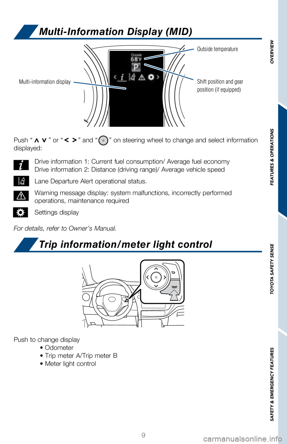 TOYOTA COROLLA iM 2018 (in English) User Guide 9
OVERVIEW
FEATURES & OPERATIONS
TOYOTA SAFETY SENSE
SAFETY & EMERGENCY FEATURES
Push “>>” or “>>” and “” on steering wheel to change and select information
displayed:
For details, refer TOYOTA COROLLA iM 2018 (in English) User Guide 9
OVERVIEW
FEATURES & OPERATIONS
TOYOTA SAFETY SENSE
SAFETY & EMERGENCY FEATURES
Push “>>” or “>>” and “” on steering wheel to change and select information
displayed:
For details, refer