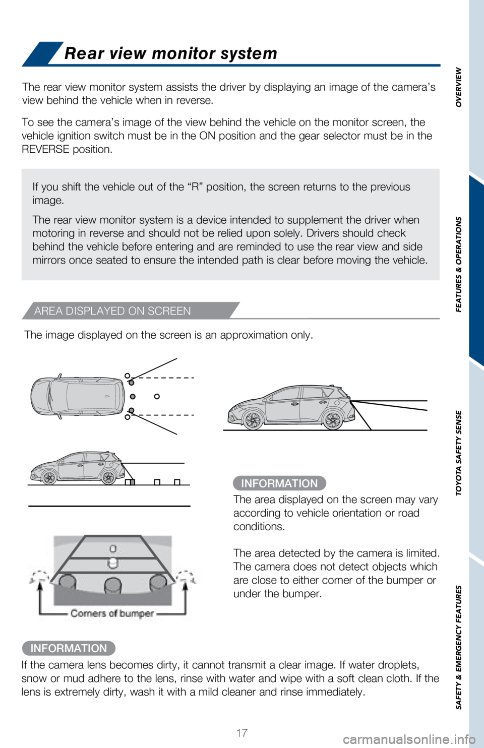 TOYOTA COROLLA iM 2018 (in English) User Guide 17
OVERVIEW
FEATURES & OPERATIONS
TOYOTA SAFETY SENSE
SAFETY & EMERGENCY FEATURES
Rear view monitor system
The rear view monitor system assists the driver by displaying an image o\
f the camera’s
v TOYOTA COROLLA iM 2018 (in English) User Guide 17
OVERVIEW
FEATURES & OPERATIONS
TOYOTA SAFETY SENSE
SAFETY & EMERGENCY FEATURES
Rear view monitor system
The rear view monitor system assists the driver by displaying an image o\
f the camera’s
v