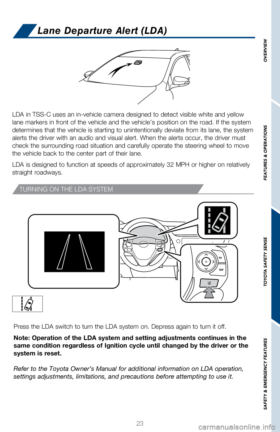 TOYOTA COROLLA iM 2018 (in English) Owners Manual 23
OVERVIEW
FEATURES & OPERATIONS
TOYOTA SAFETY SENSE
SAFETY & EMERGENCY FEATURES
Press the LDA switch to turn the LDA system on. Depress again to turn it\
off.
Note: Operation of the LDA system and TOYOTA COROLLA iM 2018 (in English) Owners Manual 23
OVERVIEW
FEATURES & OPERATIONS
TOYOTA SAFETY SENSE
SAFETY & EMERGENCY FEATURES
Press the LDA switch to turn the LDA system on. Depress again to turn it\
off.
Note: Operation of the LDA system and