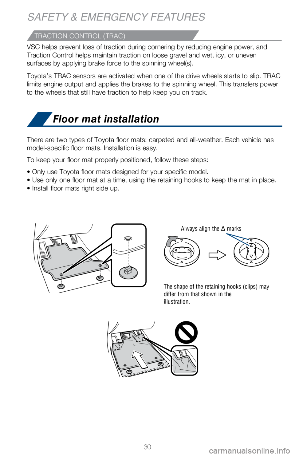 TOYOTA COROLLA iM 2018 (in English) Owners Guide 30
SAFETY & EMERGENCY FEATURESFloor mat installation
There are two types of Toyota floor mats: carpeted and all-weather. Each\
vehicle has
model-specific floor mats. Installation is easy.
To keep y TOYOTA COROLLA iM 2018 (in English) Owners Guide 30
SAFETY & EMERGENCY FEATURESFloor mat installation
There are two types of Toyota floor mats: carpeted and all-weather. Each\
vehicle has
model-specific floor mats. Installation is easy.
To keep y