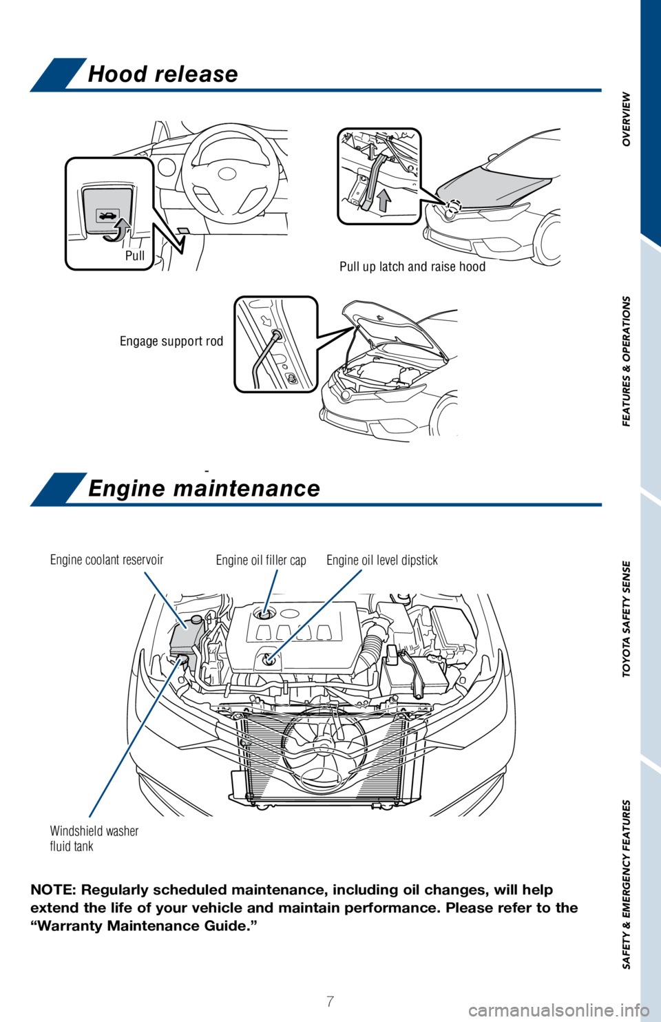 TOYOTA COROLLA iM 2018 Owners Manual (in English) 7
OVERVIEW
FEATURES & OPERATIONS
TOYOTA SAFETY SENSE
SAFETY & EMERGENCY FEATURES
-
Hood release
Windshield washer
fluid tank Engine coolant reservoir
Engine oil filler capEngine oil level dipstick
En TOYOTA COROLLA iM 2018 Owners Manual (in English) 7
OVERVIEW
FEATURES & OPERATIONS
TOYOTA SAFETY SENSE
SAFETY & EMERGENCY FEATURES
-
Hood release
Windshield washer
fluid tank Engine coolant reservoir
Engine oil filler capEngine oil level dipstick
En