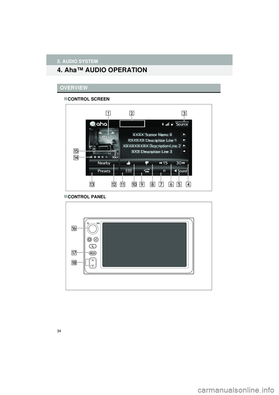 TOYOTA COROLLA iM 2018 Accessories, Audio & Navigation (in English) 34
2. AUDIO SYSTEM
Highlander_Navi_MXS
4. Aha™ AUDIO OPERATION
CONTROL SCREEN
CONTROL PANEL
OVERVIEW TOYOTA COROLLA iM 2018 Accessories, Audio & Navigation (in English) 34
2. AUDIO SYSTEM
Highlander_Navi_MXS
4. Aha™ AUDIO OPERATION
CONTROL SCREEN
CONTROL PANEL
OVERVIEW