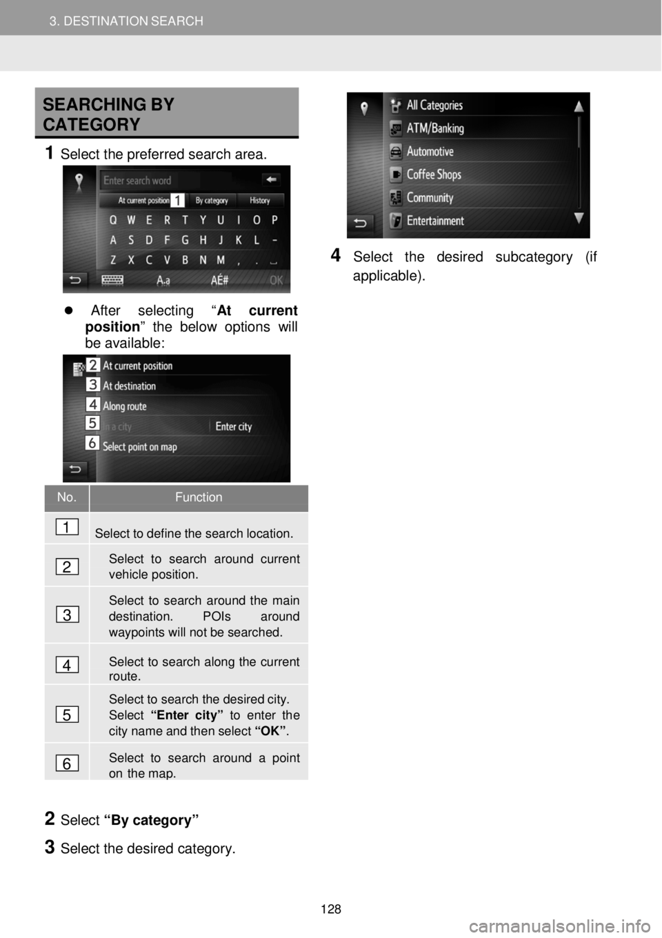 TOYOTA COROLLA iM 2018 Accessories, Audio & Navigation (in English) 3. DESTINATION SEARCH 3. DESTINATION SEARCH
SEARCHING BY
C ATEGO RY
1 Select t he prefer red search area.
After selecting “ At current
position” the below options wi TOYOTA COROLLA iM 2018 Accessories, Audio & Navigation (in English) 3. DESTINATION SEARCH 3. DESTINATION SEARCH
SEARCHING BY
C ATEGO RY
1 Select t he prefer red search area.
After selecting “ At current
position” the below options wi