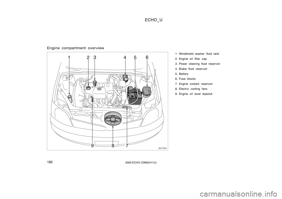 TOYOTA ECHO 2000  Owners Manual (in English) ECHO_U
1822000 ECHO (OM52411U)
Engine compartment overview
1. Windshield washer fluid tank
2. Engine oil filler  cap
3. Power steering fluid reservoir
4. Brake fluid reservoir
5. Battery
6. Fuse block