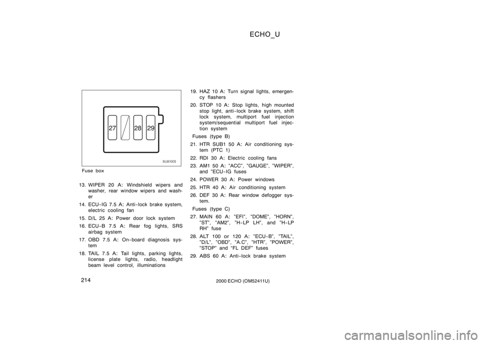 TOYOTA ECHO 2000 Owners Manual (in English) ECHO_U
2142000 ECHO (OM52411U)
SU81003
Fuse box
13. WIPER 20 A: Windshield wipers and
washer, rear window wipers and wash-
er
14. ECU−IG 7.5 A: Anti−lock brake system,
electric cooling fan
15. D/ TOYOTA ECHO 2000 Owners Manual (in English) ECHO_U
2142000 ECHO (OM52411U)
SU81003
Fuse box
13. WIPER 20 A: Windshield wipers and
washer, rear window wipers and wash-
er
14. ECU−IG 7.5 A: Anti−lock brake system,
electric cooling fan
15. D/