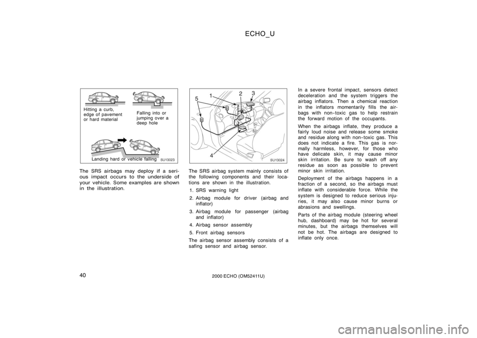 TOYOTA ECHO 2000  Owners Manual (in English) ECHO_U
402000 ECHO (OM52411U)
SU13023
Hitting a curb,
edge of pavement
or hard materialFalling into or
jumping over a
deep hole
Landing hard or vehicle falling
The SRS airbags may deploy if a seri-
ou