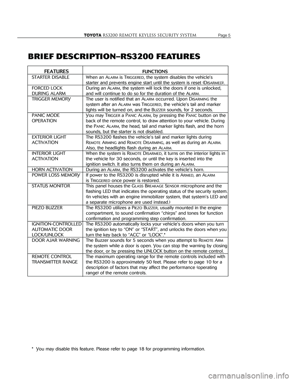 TOYOTA ECHO 2000  Accessories, Audio & Navigation (in English) PROGRAMMING
DRIVER’S DOOR/ALL DOORS UNLOCK SELECTION
The RS3200 is factory-set to unlock the driver’s door when the UNLOCK button is pressed on the
remote control, then unlock the remaining doors 