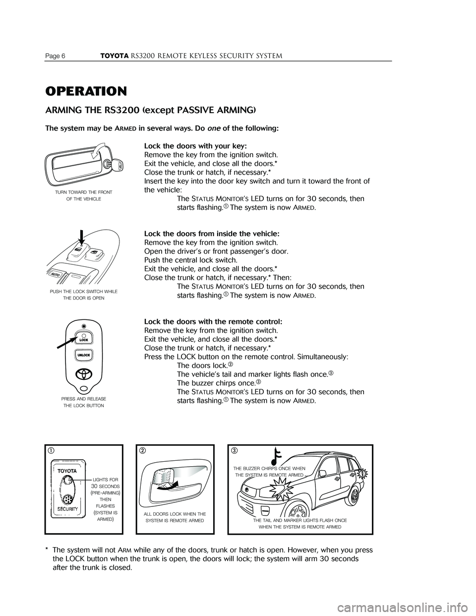 TOYOTA ECHO 2000  Accessories, Audio & Navigation (in English) Page 6                  TOYOTARS3200 REMOTE KEYLESS Security systemTOYOTARS3200 remote keyless Security systemPage 15
OPERATION
ARMING THE RS3200 (except PASSIVE ARMING)
The system may be ARMEDin seve
