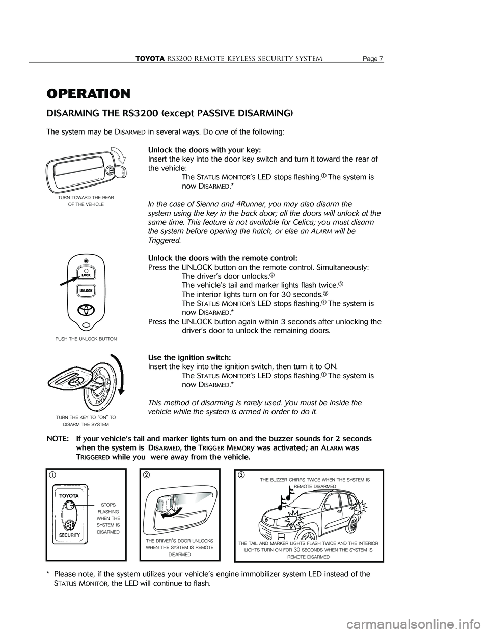 TOYOTA ECHO 2000  Accessories, Audio & Navigation (in English) Page 14                    TOYOTARS3200 REMOTE KEYLESS Security systemTOYOTARS3200 remote keyless Security systemPage 7
OPERATION
DISARMING THE RS3200 (except PASSIVE DISARMING)
The system may be DISA