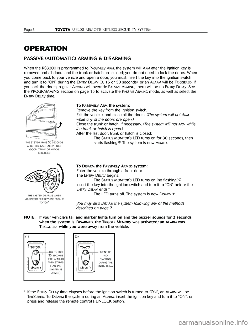 TOYOTA ECHO 2000  Accessories, Audio & Navigation (in English) Page 8                    TOYOTARS3200 REMOTE KEYLESS Security systemTOYOTARS3200 remote keyless Security systemPage 13
OPERATION
PASSIVE (AUTOMATIC) ARMING & DISARMING
When the RS3200 is programmed t