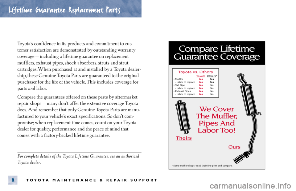 TOYOTA ECHO 2000 Warranties & Maintenance Guides (in English) Toyota’s confidence in its products and commitment to cus-
tomer satisfaction are demonstrated by outstanding warranty
coverage — including a lifetime guarantee on replacement
mufflers, exhaust TOYOTA ECHO 2000 Warranties & Maintenance Guides (in English) Toyota’s confidence in its products and commitment to cus-
tomer satisfaction are demonstrated by outstanding warranty
coverage — including a lifetime guarantee on replacement
mufflers, exhaust
