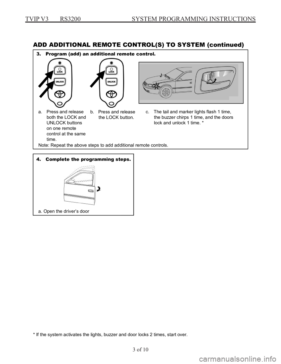 TOYOTA ECHO 2001  Accessories, Audio & Navigation (in English) TVIP V3  RS3200  SYSTEM PROGRAMMING INSTRUCTIONS
3 of 10
 
3
 
e
g
a
P
 
G
N
I
M
M
A
R
G
O
R
P
 
M
E
T
S
Y
S
 
P
I
V
T
 
A
T
O
Y
O
T
 
A DD  AD DI TIONAL R EMOTE CO NTROL( S) TO SYSTEM (co ntinued) 
 