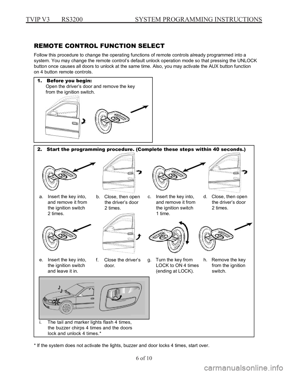 TOYOTA ECHO 2001  Accessories, Audio & Navigation (in English) TVIP V3  RS3200  SYSTEM PROGRAMMING INSTRUCTIONS
6 of 10
Page 6  TOY OTA TVIP  SY STEM PROGRAMMING −RS3200 
 
REMOTE CON TROL FUNC TION SELEC T 
Fol low this procedure to ch ange the opera ting func