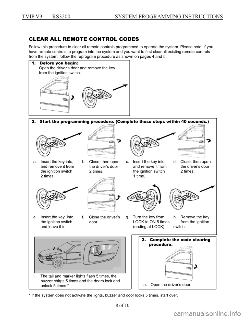 TOYOTA ECHO 2001  Accessories, Audio & Navigation (in English) TVIP V3  RS3200  SYSTEM PROGRAMMING INSTRUCTIONS
8 of 10
2.  Start the  programming  procedure. (Co mplete these step s within 40 seconds. )  
Page 8 
TOYOTA TVIP  SY STEM  PROGRAMMING −RS3200
 
 
C