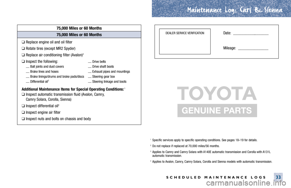 TOYOTA ECHO 2001 Warranties & Maintenance Guides (in English) Maintenance Log.
. Cars & Sienna
SCHEDULED MAINTENANCE LOGS33
75,000 Miles or 60 Months
❑Replace engine oil and oil filter
❑Rotate tires (except MR2 Spyder)
❑Replace air conditioning filter (Ava TOYOTA ECHO 2001 Warranties & Maintenance Guides (in English) Maintenance Log.
. Cars & Sienna
SCHEDULED MAINTENANCE LOGS33
75,000 Miles or 60 Months
❑Replace engine oil and oil filter
❑Rotate tires (except MR2 Spyder)
❑Replace air conditioning filter (Ava