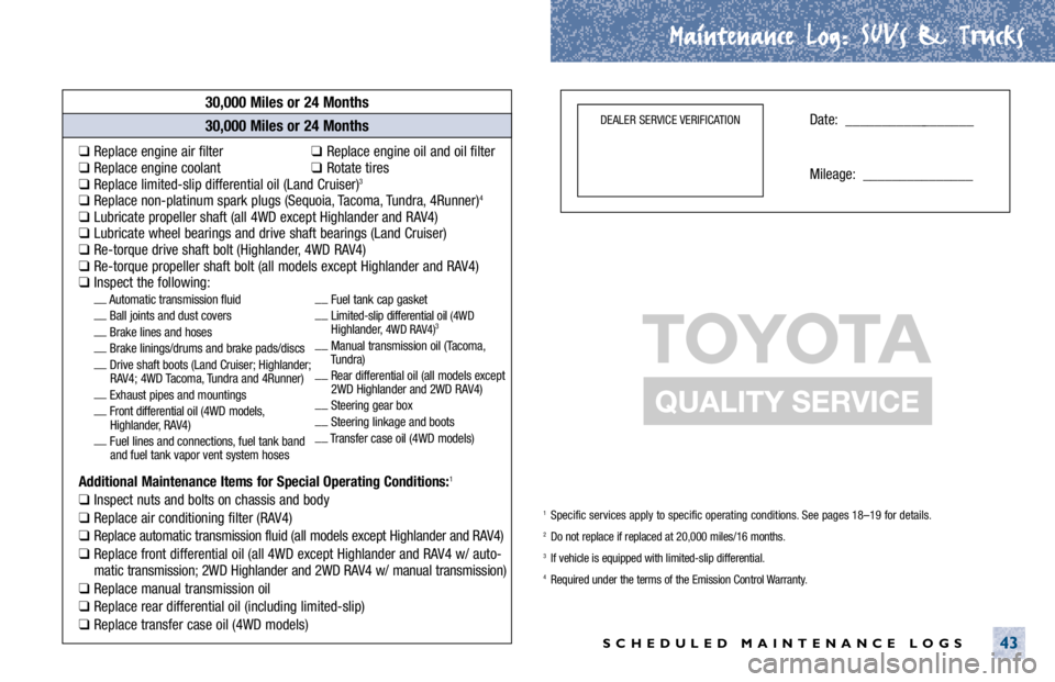 TOYOTA ECHO 2001  Warranties & Maintenance Guides (in English) Maintenance Log.
. SUVs & Trucks
SCHEDULED MAINTENANCE LOGS43
30,000 Miles or 24 Months
❑Replace engine air filter❑Replace engine oil and oil filter❑Replace engine coolant❑Rotate tires❑Repla