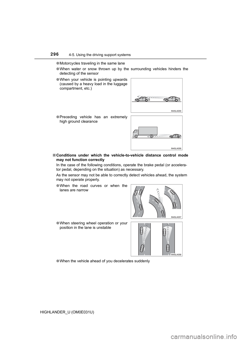 TOYOTA HIGHLANDER 2018 Owners Manual (in English) 2964-5. Using the driving support systems
HIGHLANDER_U (OM0E031U)●
Motorcycles traveling in the same lane
● When water or snow thrown up by the surrounding vehicles hinders the
detectin TOYOTA HIGHLANDER 2018 Owners Manual (in English) 2964-5. Using the driving support systems
HIGHLANDER_U (OM0E031U)●
Motorcycles traveling in the same lane
● When water or snow thrown up by the surrounding vehicles hinders the
detectin