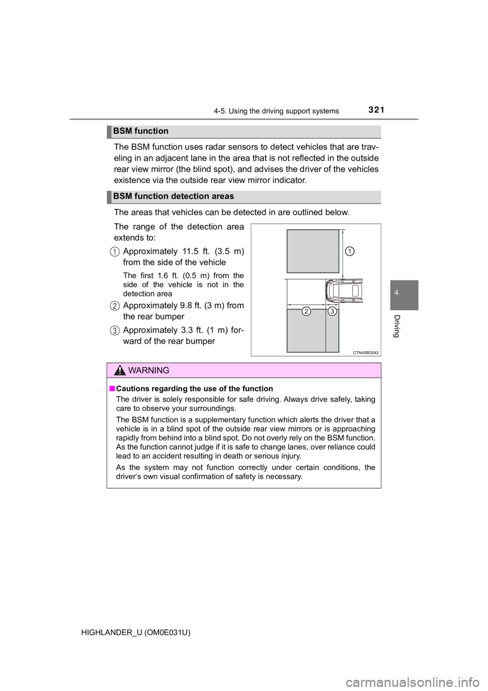 TOYOTA HIGHLANDER 2018 Owners Manual (in English) 3214-5. Using the driving support systems
4
Driving
HIGHLANDER_U (OM0E031U)
The BSM function uses radar sensors to detect vehicles that are trav-
eling in an adjacent lane in the area that is not refl TOYOTA HIGHLANDER 2018 Owners Manual (in English) 3214-5. Using the driving support systems
4
Driving
HIGHLANDER_U (OM0E031U)
The BSM function uses radar sensors to detect vehicles that are trav-
eling in an adjacent lane in the area that is not refl