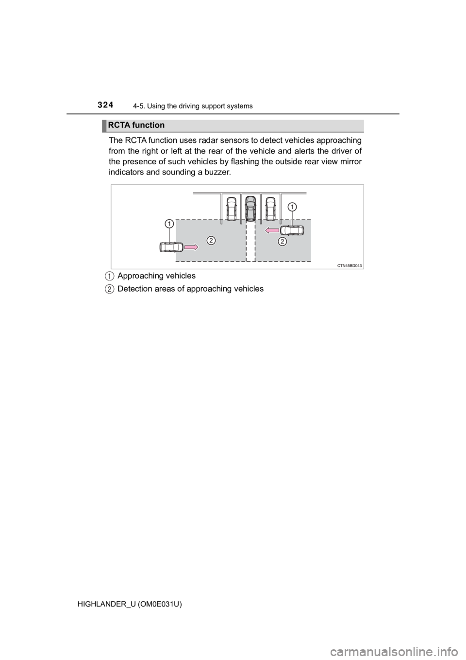 TOYOTA HIGHLANDER 2018 Owners Manual (in English) 3244-5. Using the driving support systems
HIGHLANDER_U (OM0E031U)
The RCTA function uses radar sensors to detect vehicles approaching
from the right or left at the rear of the vehicle and TOYOTA HIGHLANDER 2018 Owners Manual (in English) 3244-5. Using the driving support systems
HIGHLANDER_U (OM0E031U)
The RCTA function uses radar sensors to detect vehicles approaching
from the right or left at the rear of the vehicle and