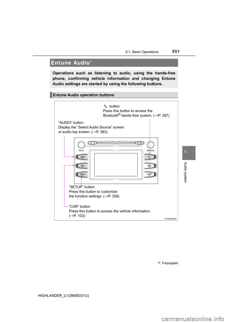 TOYOTA HIGHLANDER 2018 Owners Manual (in English) 3515-1. Basic Operations
5
Audio system
HIGHLANDER_U (OM0E031U)
Entune Audio
: If equipped
Operations such as listening to audio, using the hands-free
phone, confirming vehicle inf ormati TOYOTA HIGHLANDER 2018 Owners Manual (in English) 3515-1. Basic Operations
5
Audio system
HIGHLANDER_U (OM0E031U)
Entune Audio
: If equipped
Operations such as listening to audio, using the hands-free
phone, confirming vehicle inf ormati