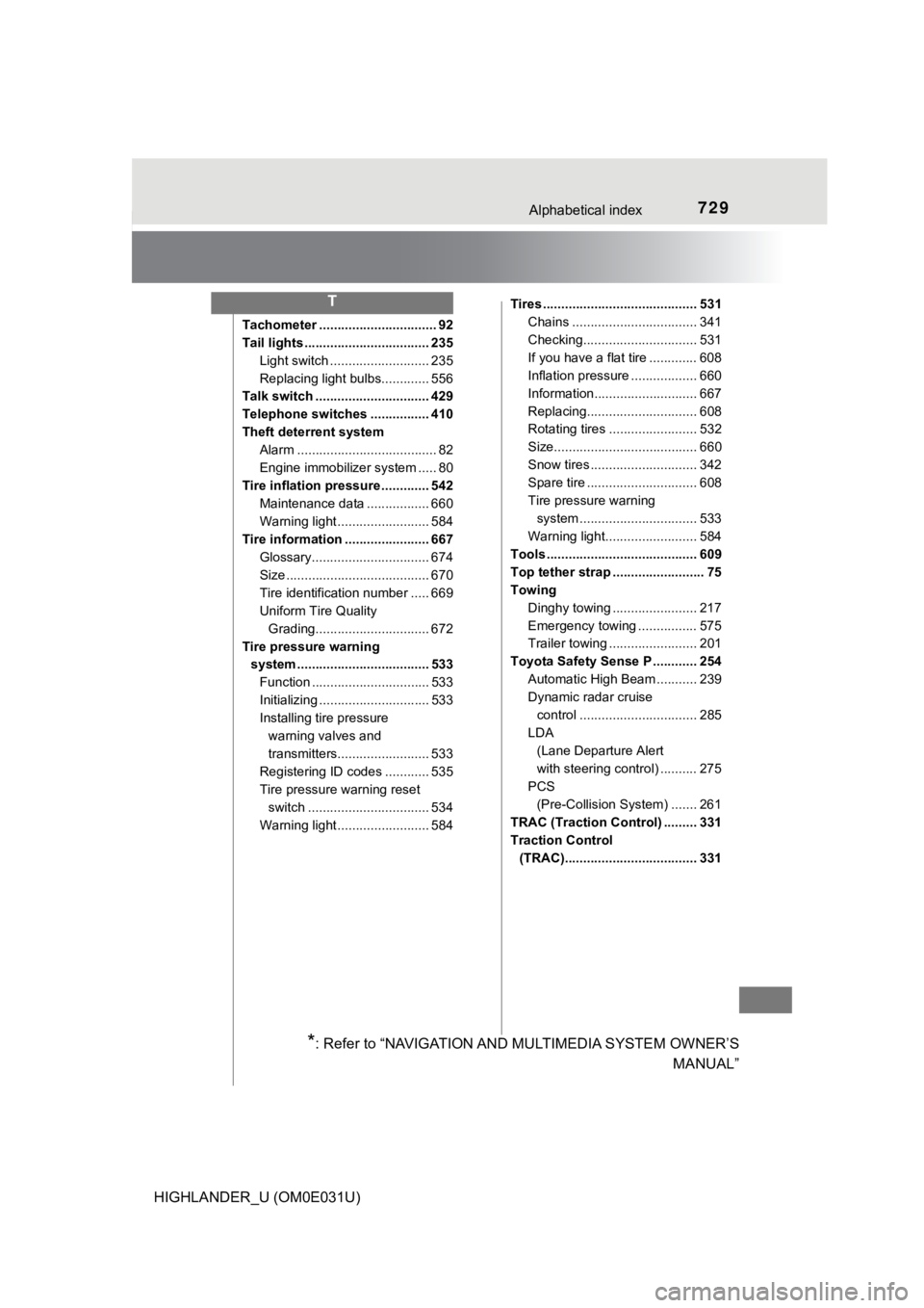 TOYOTA HIGHLANDER 2018 Owners Manual (in English) 729Alphabetical index
HIGHLANDER_U (OM0E031U)
Tachometer ................................ 92
Tail lights .................................. 235Light switch ........................... 235
Replacing li TOYOTA HIGHLANDER 2018 Owners Manual (in English) 729Alphabetical index
HIGHLANDER_U (OM0E031U)
Tachometer ................................ 92
Tail lights .................................. 235Light switch ........................... 235
Replacing li