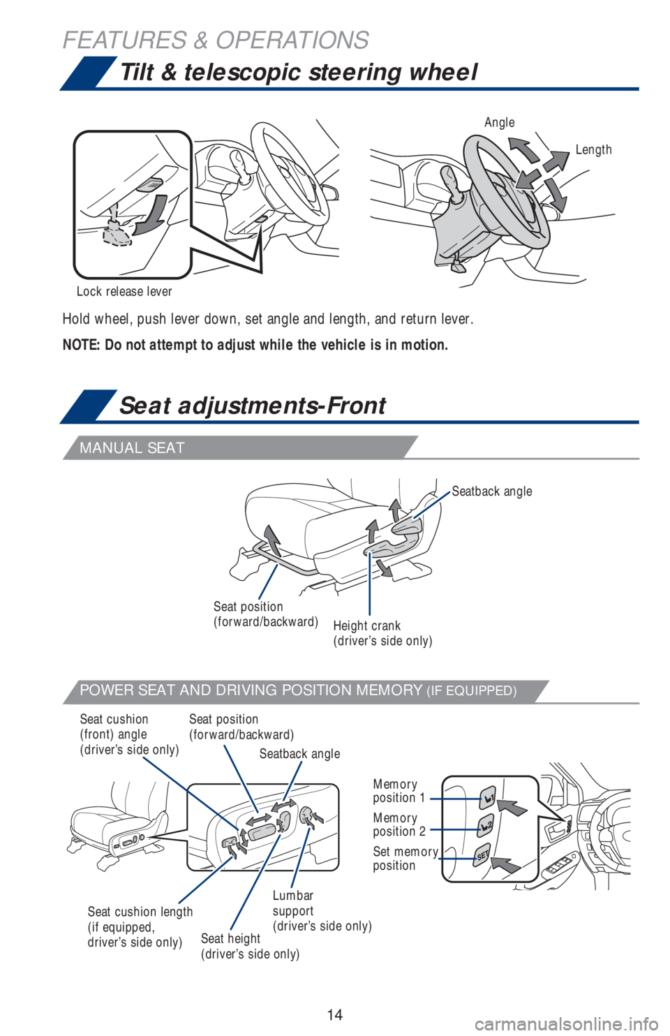 TOYOTA HIGHLANDER 2018 (in English) User Guide 14
MANUAL SEAT
POWER SEAT AND DRIVING POSITION MEMORY (IF EQUIPPED)
Hold wheel, push lever down, set angle and length, and return lever.
Angle
Lock release lever
NOTE: Do not attempt to adjust while t TOYOTA HIGHLANDER 2018 (in English) User Guide 14
MANUAL SEAT
POWER SEAT AND DRIVING POSITION MEMORY (IF EQUIPPED)
Hold wheel, push lever down, set angle and length, and return lever.
Angle
Lock release lever
NOTE: Do not attempt to adjust while t