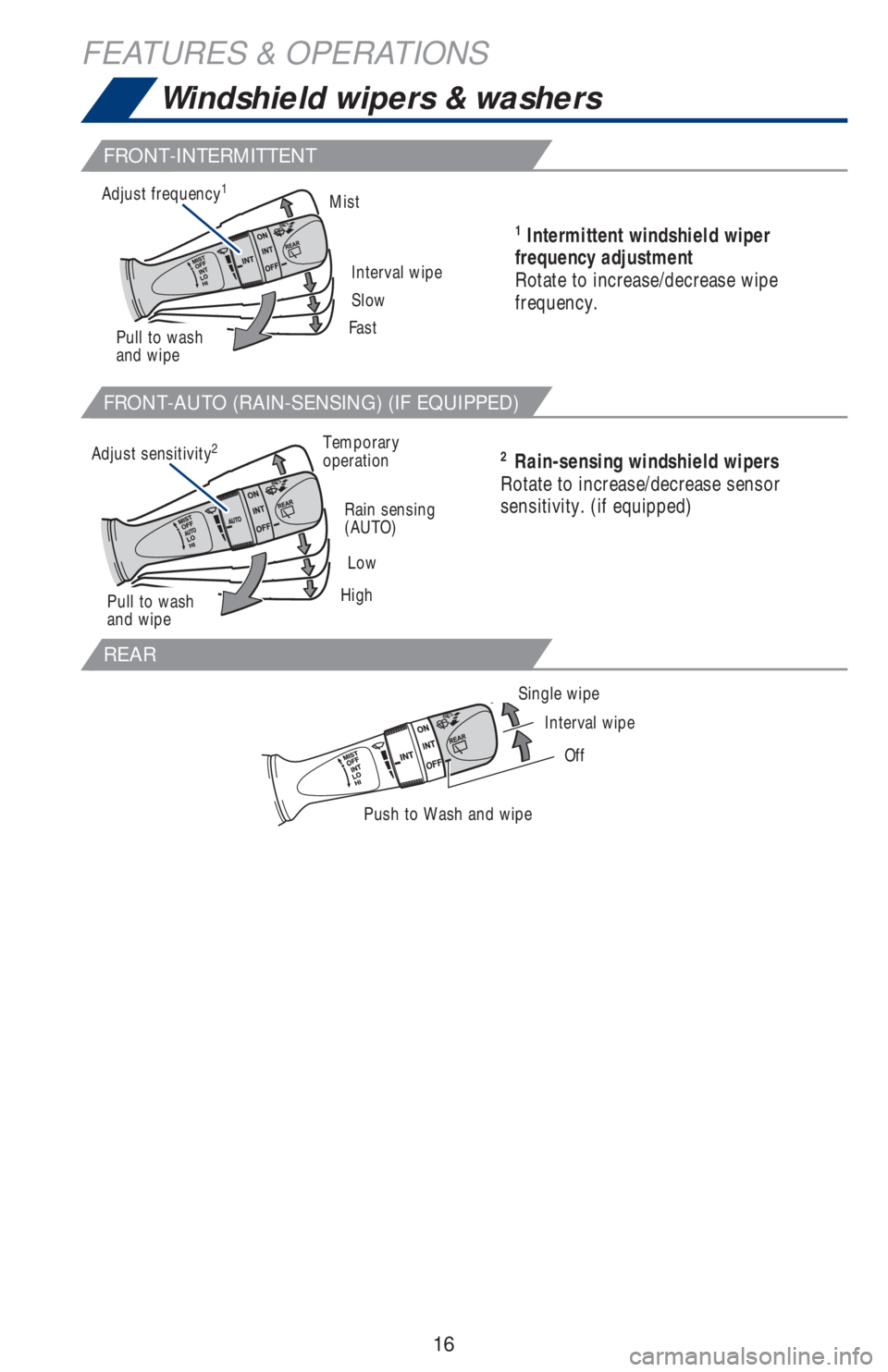 TOYOTA HIGHLANDER 2018 (in English) User Guide 16
Single wipe
Interval wipe
Off
Push to Wash and wipe
1 Intermittent windshield wiper
frequency adjustment
Rotate to increase/decrease wipe
frequency.
2 Rain-sensing windshield wipers
Rotate to i TOYOTA HIGHLANDER 2018 (in English) User Guide 16
Single wipe
Interval wipe
Off
Push to Wash and wipe
1 Intermittent windshield wiper
frequency adjustment
Rotate to increase/decrease wipe
frequency.
2 Rain-sensing windshield wipers
Rotate to i