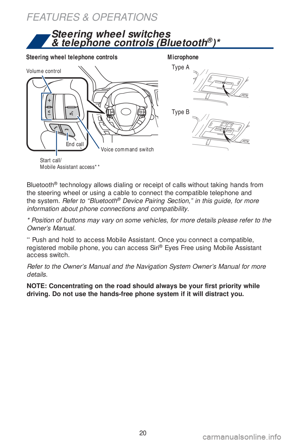 TOYOTA HIGHLANDER 2018 (in English) Owners Manual 20
Microphone
Type A
Type B
Steering wheel telephone controls
Bluetooth
® technology allows dialing or receipt of calls without taking hands from
the steering wheel or using a cable to connect the c TOYOTA HIGHLANDER 2018 (in English) Owners Manual 20
Microphone
Type A
Type B
Steering wheel telephone controls
Bluetooth
® technology allows dialing or receipt of calls without taking hands from
the steering wheel or using a cable to connect the c