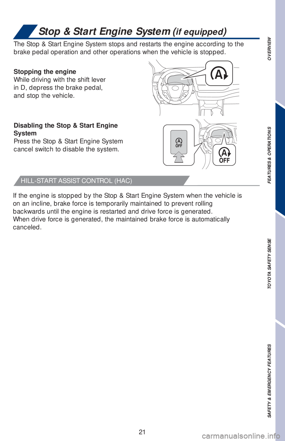 TOYOTA HIGHLANDER 2018 (in English) Owners Manual 21
OVERVIEW FEATURES & OPERATIONS TOYOTA SAFETY SENSE SAFETY & EMERGENCY FEATURES
The Stop & Start Engine System stops and restarts the engine according to the
brake pedal operation and other operati TOYOTA HIGHLANDER 2018 (in English) Owners Manual 21
OVERVIEW FEATURES & OPERATIONS TOYOTA SAFETY SENSE SAFETY & EMERGENCY FEATURES
The Stop & Start Engine System stops and restarts the engine according to the
brake pedal operation and other operati