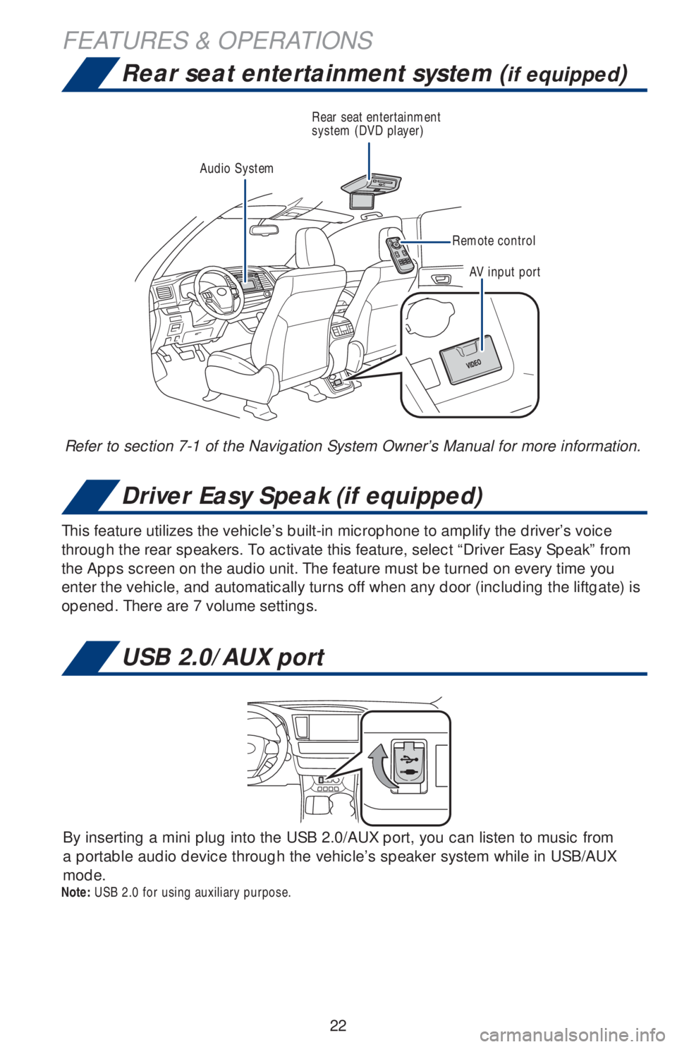TOYOTA HIGHLANDER 2018 (in English) Owners Manual 22 Refer to section 7-1 of the Navigation System Owner’s Manual for more information.
Note: USB 2.0 for using auxiliary purpose.
This feature utilizes the vehicle’s built-in microphone to amplify TOYOTA HIGHLANDER 2018 (in English) Owners Manual 22 Refer to section 7-1 of the Navigation System Owner’s Manual for more information.
Note: USB 2.0 for using auxiliary purpose.
This feature utilizes the vehicle’s built-in microphone to amplify