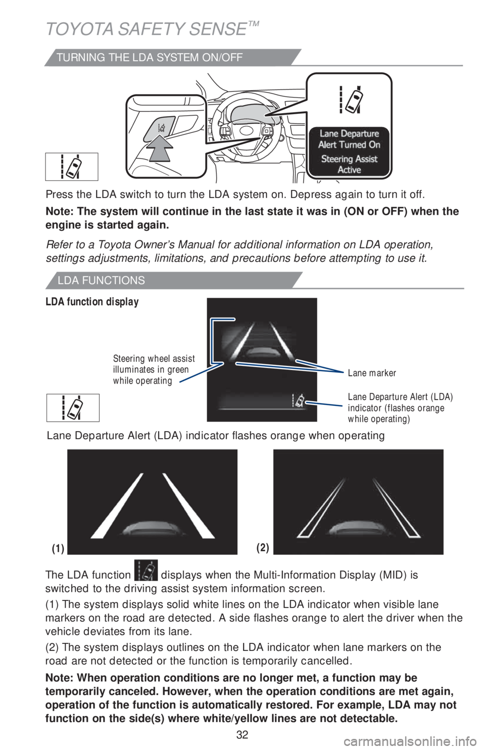 TOYOTA HIGHLANDER 2018 (in English) Owners Guide 32
TOYOTA SAFETY SENSE™
LDA FUNCTIONS
LDA function display
Lane marker
Lane Departure Alert (LDA)
indicator (flashes orange
while operating) Steering wheel assist
illuminates in green
while oper TOYOTA HIGHLANDER 2018 (in English) Owners Guide 32
TOYOTA SAFETY SENSE™
LDA FUNCTIONS
LDA function display
Lane marker
Lane Departure Alert (LDA)
indicator (flashes orange
while operating) Steering wheel assist
illuminates in green
while oper