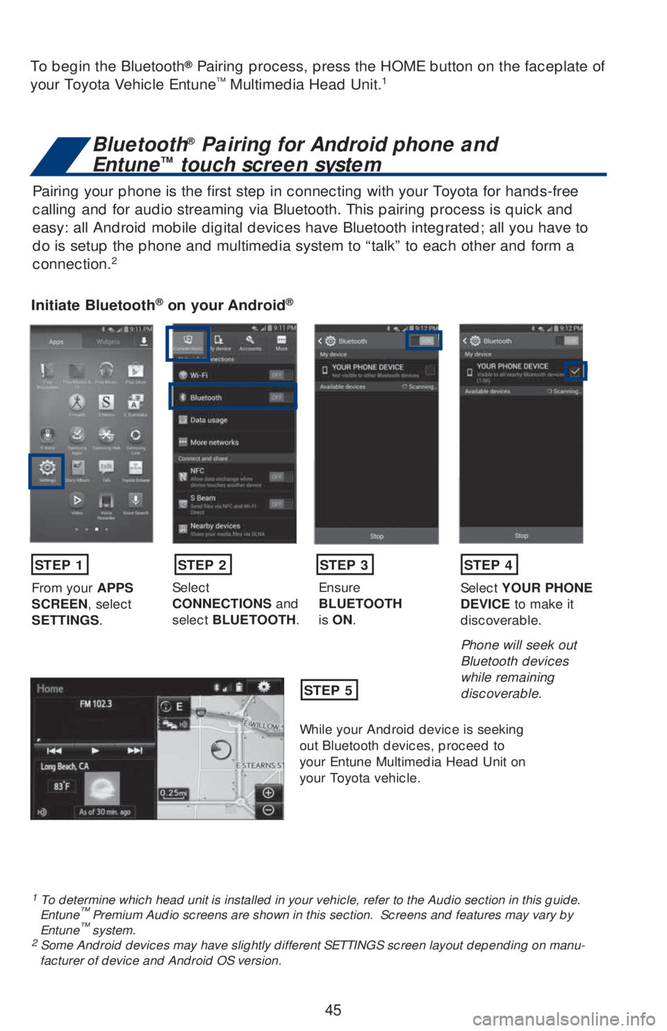 TOYOTA HIGHLANDER 2018 (in English) Service Manual 45
Pairing your phone is the first step in connecting with your Toyota for hands-free
calling and for audio streaming via Bluetooth. This pairing process is quick and
easy: all Android mobile digita TOYOTA HIGHLANDER 2018 (in English) Service Manual 45
Pairing your phone is the first step in connecting with your Toyota for hands-free
calling and for audio streaming via Bluetooth. This pairing process is quick and
easy: all Android mobile digita