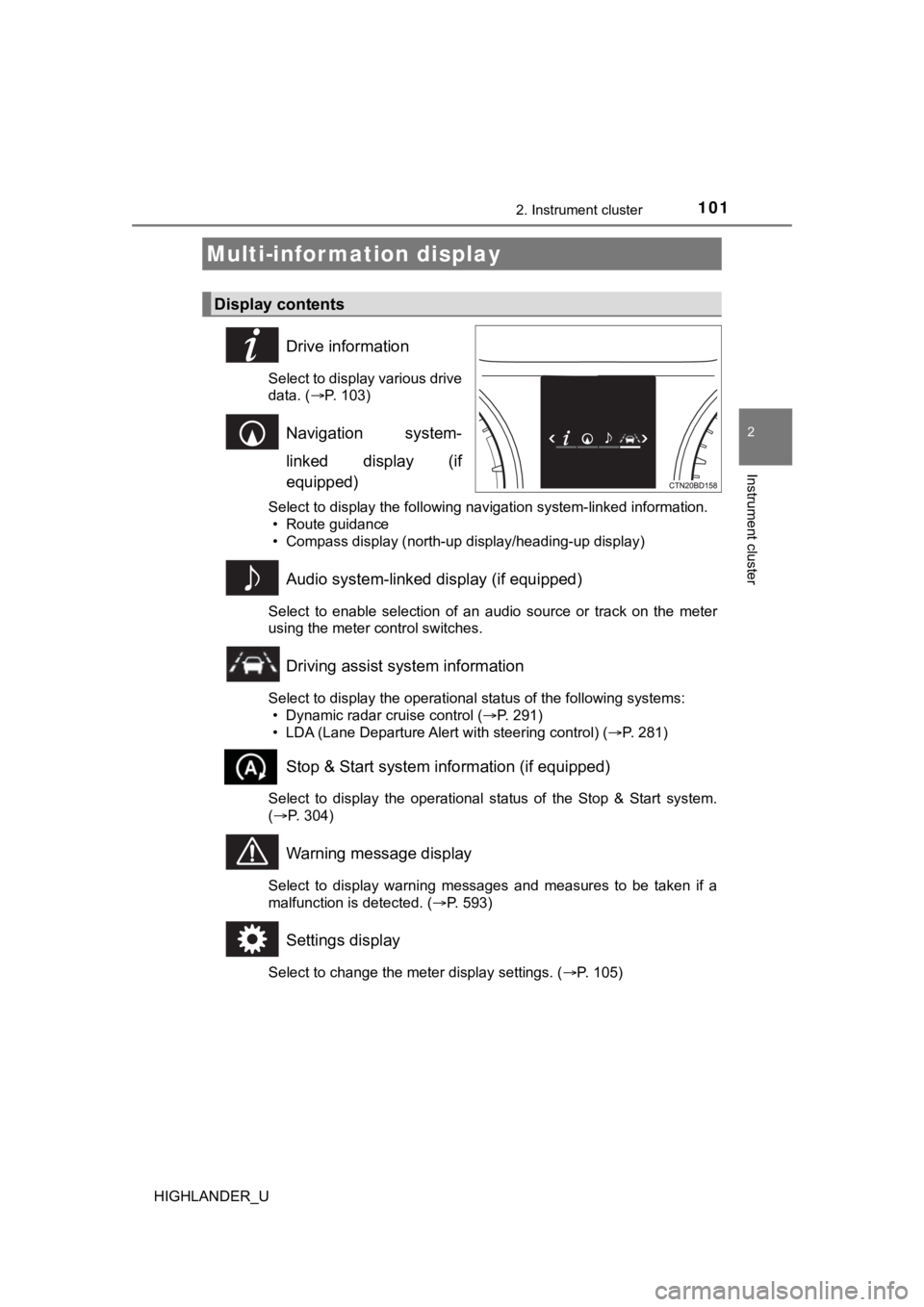 TOYOTA HIGHLANDER 2019 Owners Manual (in English) 1012. Instrument cluster
2
Instrument cluster
HIGHLANDER_U
Drive information
Select to display various drive
data. (P. 103)
Navigation system-
linked display (if
equipped)
Select to display the TOYOTA HIGHLANDER 2019 Owners Manual (in English) 1012. Instrument cluster
2
Instrument cluster
HIGHLANDER_U
Drive information
Select to display various drive
data. (P. 103)
Navigation system-
linked display (if
equipped)
Select to display the
