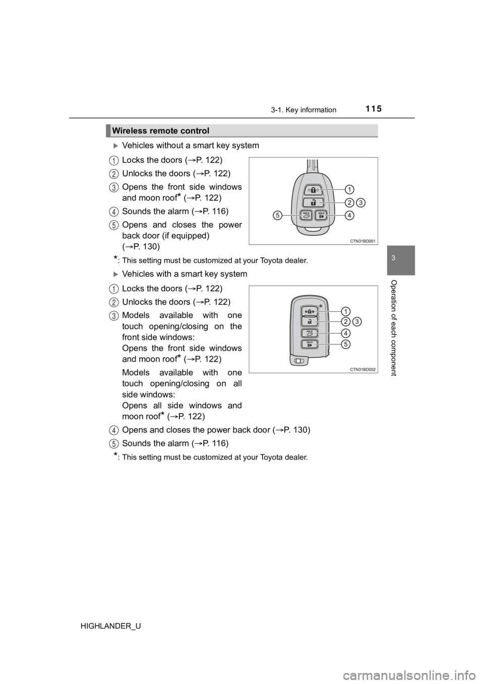 TOYOTA HIGHLANDER 2019 Owners Manual (in English) 1153-1. Key information
3
Operation of each component
HIGHLANDER_U
Vehicles without a smart key system
Locks the doors (P. 122)
Unlocks the doors ( P. 122)
Opens the front side windows
an TOYOTA HIGHLANDER 2019 Owners Manual (in English) 1153-1. Key information
3
Operation of each component
HIGHLANDER_U
Vehicles without a smart key system
Locks the doors (P. 122)
Unlocks the doors ( P. 122)
Opens the front side windows
an